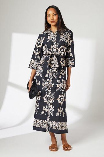 Tile Print Tie Front Midi Shirt Dress black