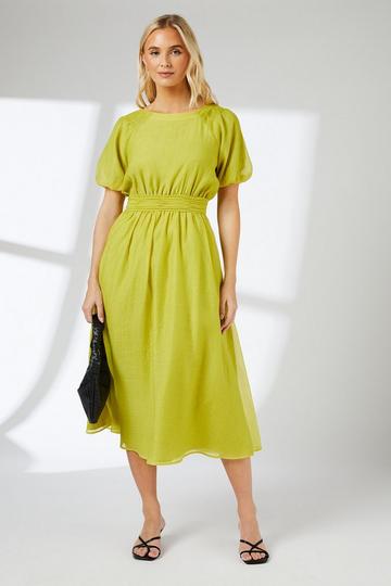 Chartreuse Yellow Occasion Puff Sleeve Midi Dress