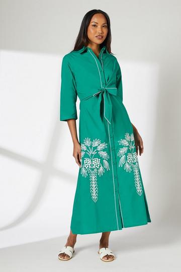 Embroidered Detail Tie Front Shirt Dress green