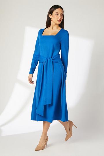 Square Neck Belted Ponte Midi Dress cobalt