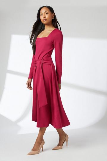 Square Neck Belted Ponte Midi Dress raspberry