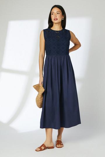Scallop Hem Broderie Midaxi Dress navy