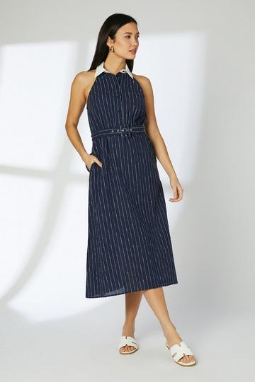 Pinstripe Collared Halterneck Midi Dress navy