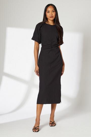 Ruched Waist Cotton Puff Sleeve Midi Dress black