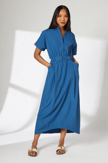 Blue Belt Detail Woven Midi Dress