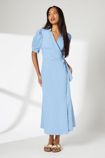 Linen Blend Wrap Dress blue