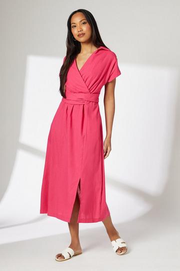 Linen Blend Wrap Dress pink