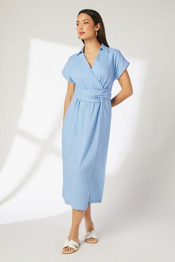 Linen Blend Wrap Waist Dress light blue