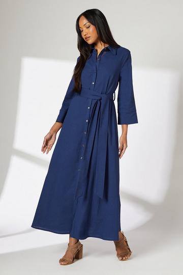 Linen Blend Belted Shirt Dress blue