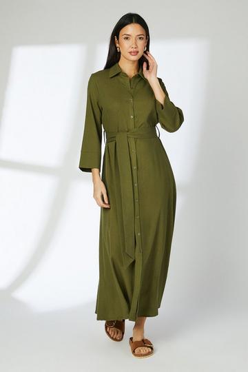 Linen Blend Belted Shirt Dress olive