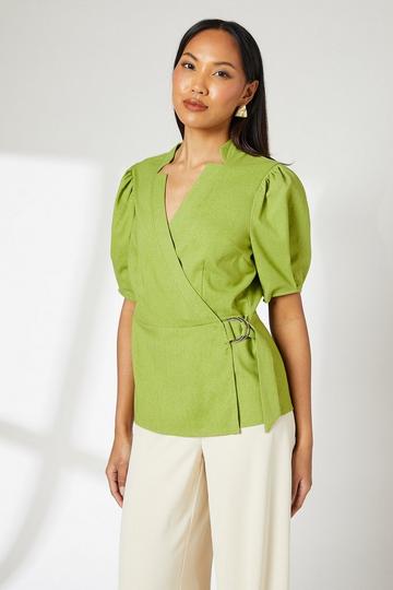 Linen Blend Wrap Top chartreuse