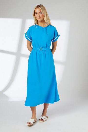 Blue Contrast Belt Woven Midi Dress