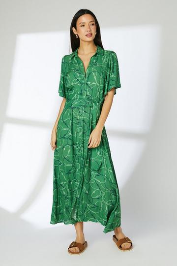 Geo Rope Print Tie Front Midi Shirt Dress green