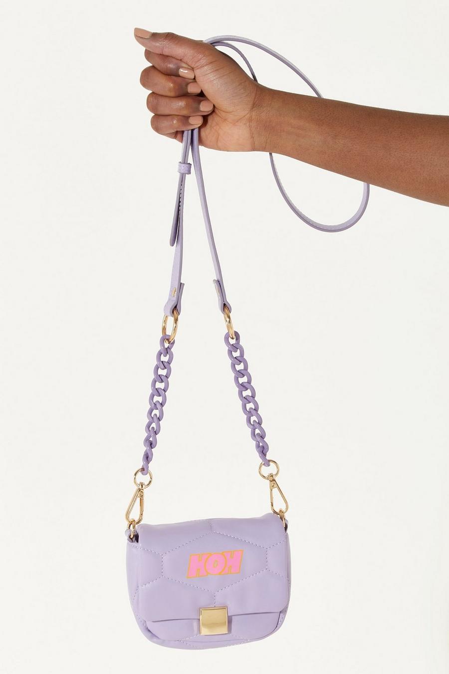 Lilac Small Cross Body Bag In Purple With A Chain Detail Strap And Printed Logo