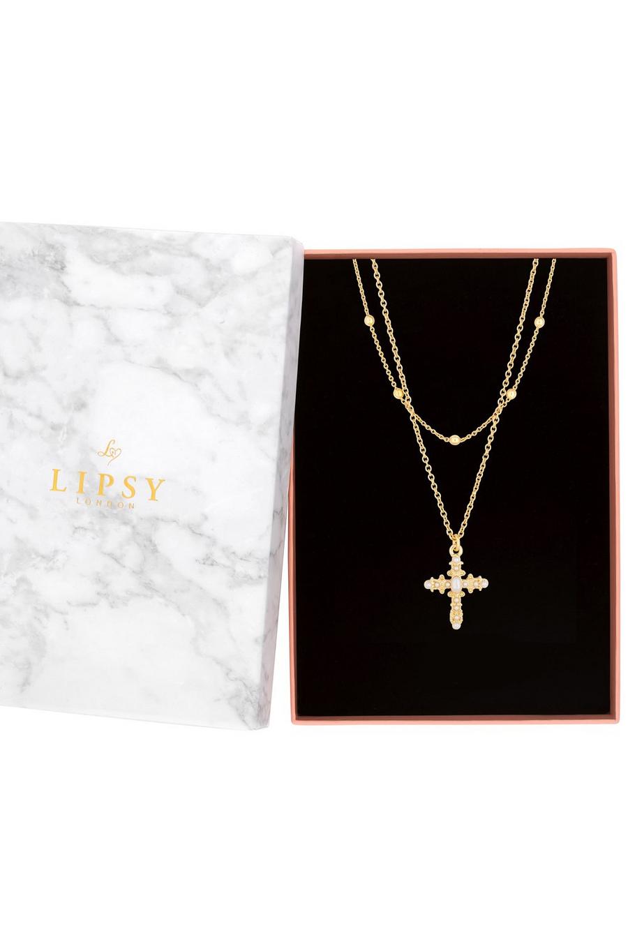 Gold Plated Layered Cross Pendant Necklace - Gift Boxed image number 1