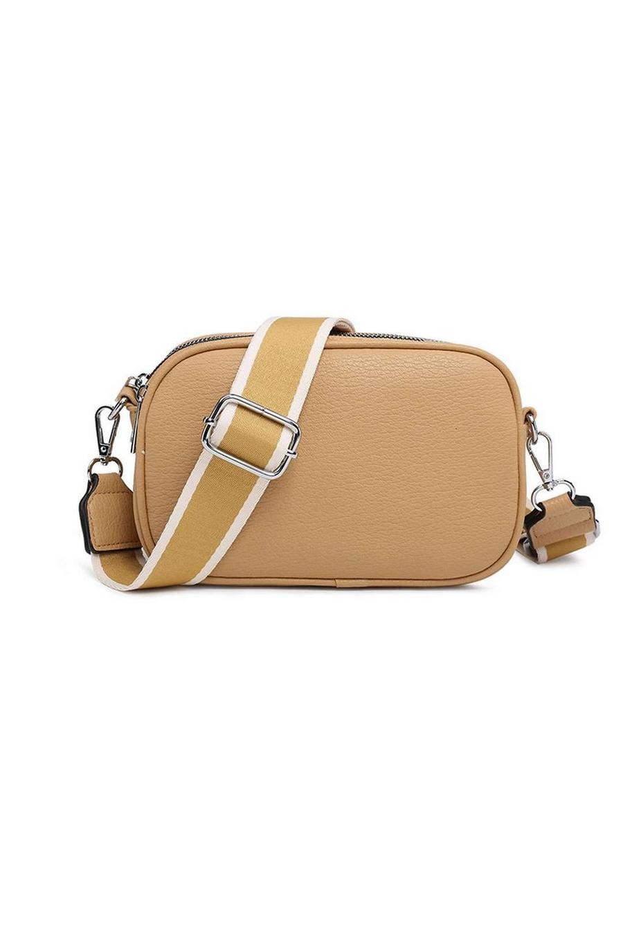 Light beige Small Triple Zipper Crossbody Bag with Canvas Strap