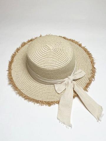 Straw Hat With Cream Ribbon Bow Beige