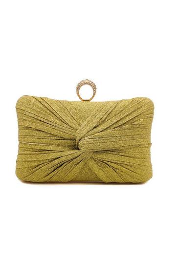 Gold Metallic Interwined Pleated Glitter Clutch Evening Bag With Crystal Clasp