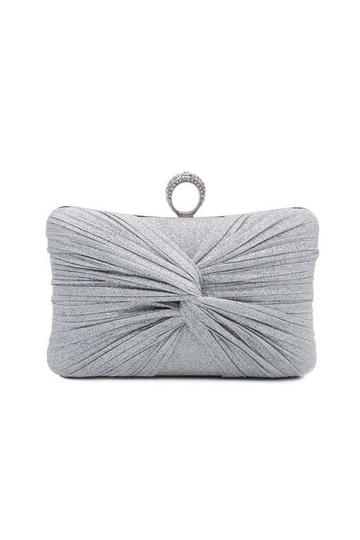 Interwined Pleated Glitter Clutch Evening Bag With Crystal Clasp Silver