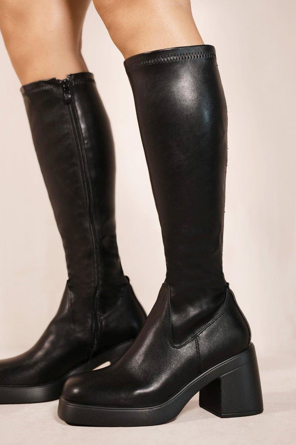 Lilith Mid High Block Heel Calf Boots With Side Zip boohoo UK