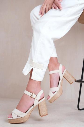 'Volume' Platform Block High Heels With Cross Over Straps Cream