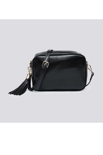 Black Shin Shiny Metallic Tassel Charm Camera Crossbody Bag