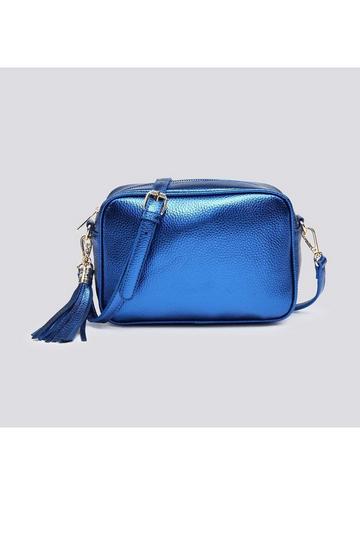 Shin Shiny Metallic Tassel Charm Camera Crossbody Bag Blue