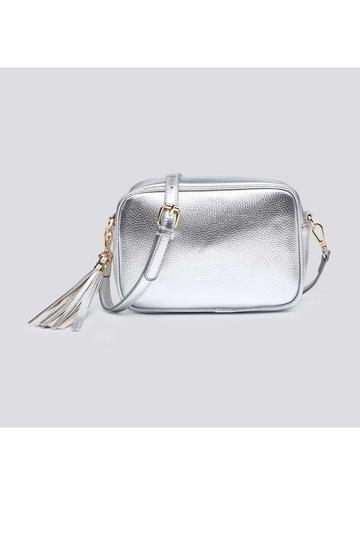 Shin Shiny Metallic Tassel Charm Camera Crossbody Bag Silver