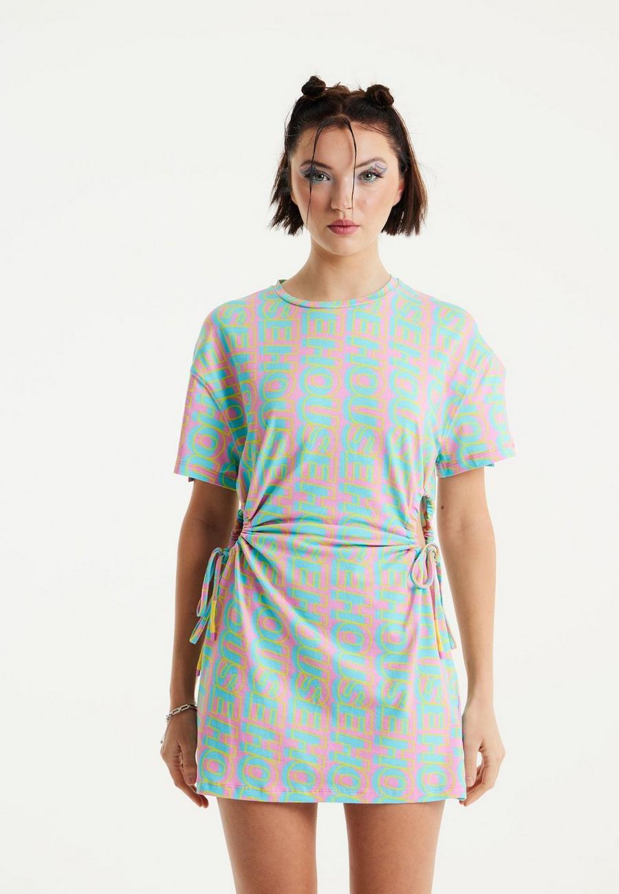 Multi Logo Printed Mini Jersey Dress with Cut Out Details and Short Sleeves