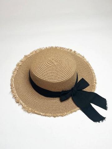 Straw Hat With Black Ribbon Bow Light Brown