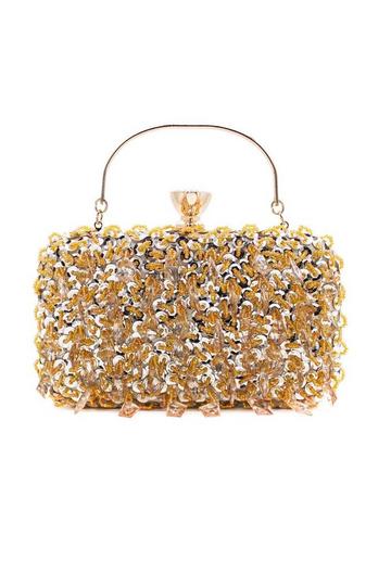 Metallic Gem Studded Sequin Elegant Evening Clutch Handbag With Golden Handle and Chain Strap