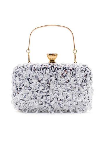 Gem Studded Sequin Elegant Evening Clutch Handbag With Golden Handle and Chain Strap Silver