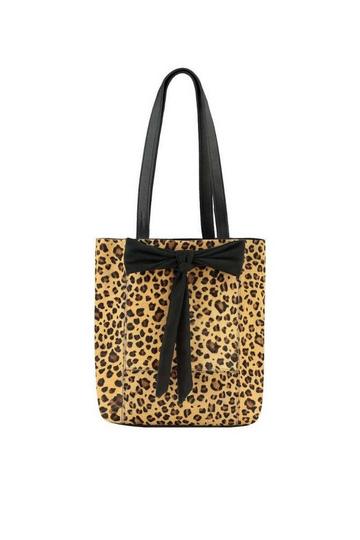 Leopard Print Bow Small Haircalf Leather Tote Bag | BYYIL Black