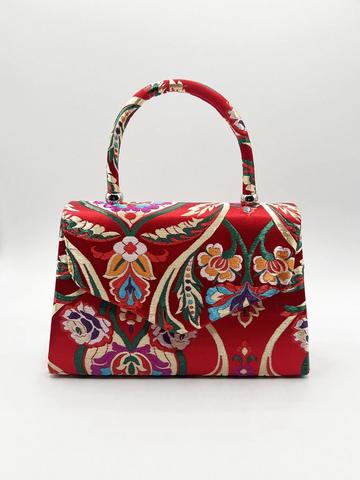 Red Red Satin Embroidered Top Handle Bag