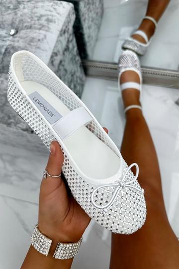 White Crystal Mesh Ballerina Pumps