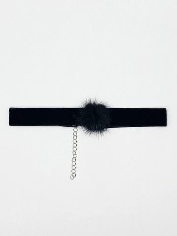 Black Black Faux Velvet Band Choker Necklace With Black Pom Pom