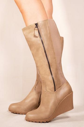 'Lara' Wedge Heel Mid Calf High Boots With Side Zip Khaki