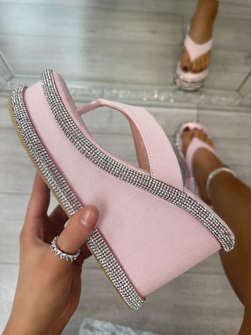 Crystal Trim Wedge Flip Flop Sandals Baby Pink