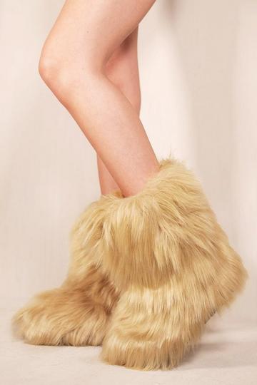 Beige 'Malaya' Platform Fluffy Faux Fur Ankle Boots