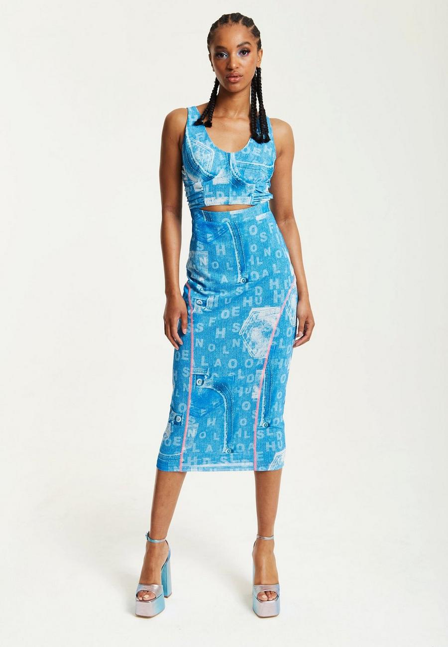 Blue Denim Print Midi Dress With Cut Out
