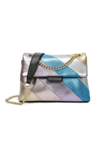 Small Shiny Rainbow Stripes Crossbody Bag With Chian Strap Blue