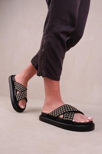 Black 'Zenith' Flat Sandals With Cross Over Pressed Studs Straps