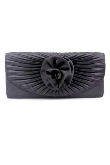 Pleated Satin Rose Detail Evening Clutch Handbag Black