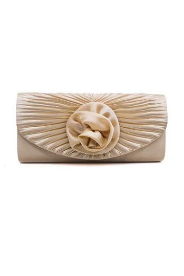 Gold Metallic Pleated Satin Rose Detail Evening Clutch Handbag