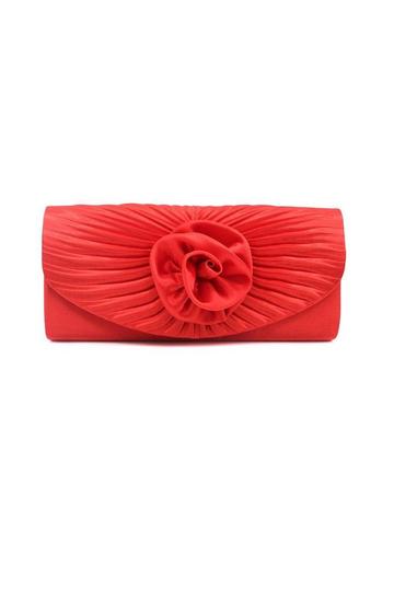 Red Pleated Satin Rose Detail Evening Clutch Handbag