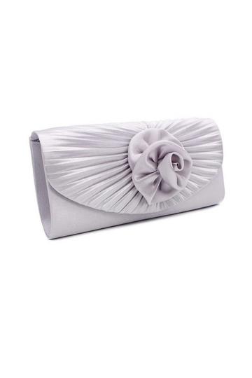 Silver Pleated Satin Rose Detail Evening Clutch Handbag