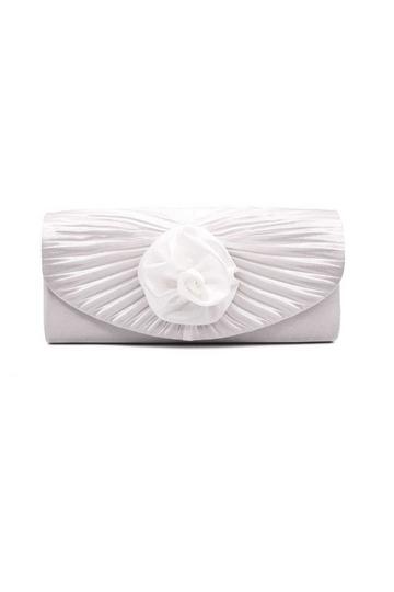 White Pleated Satin Rose Detail Evening Clutch Handbag