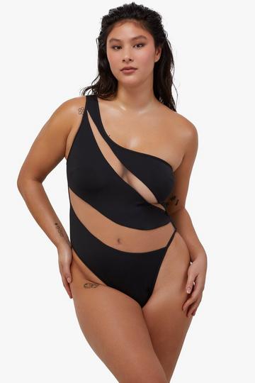 Eloise Fuller Bust Black Asymmetric Swimsuit With Nude Mesh Black