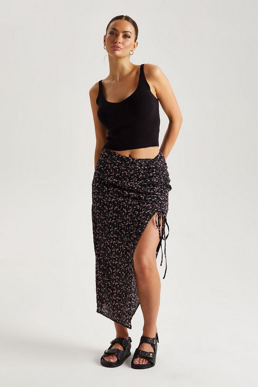 Black Chiffon Floral Ruched Side Midi Skirt