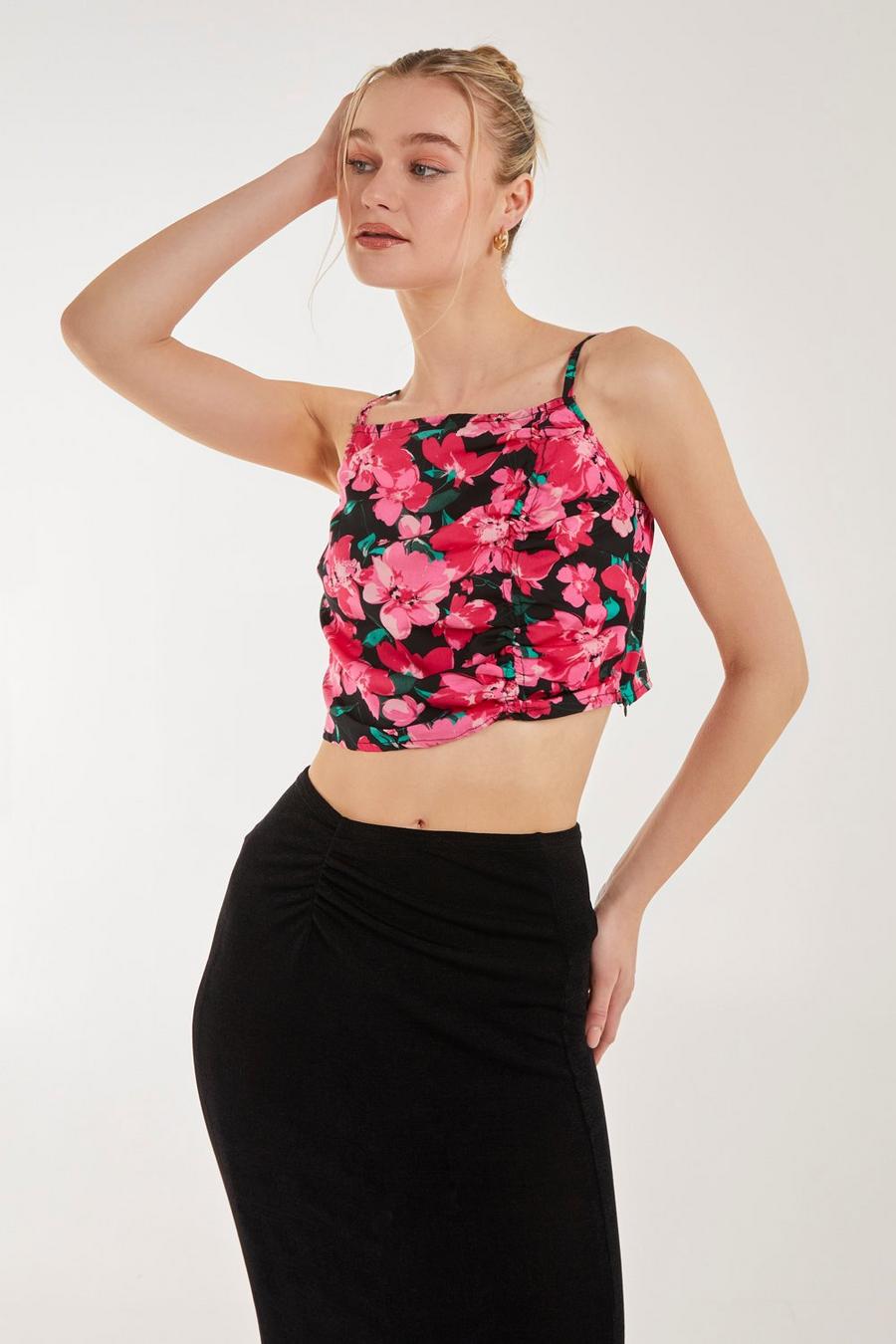 Pink Floral Ruched Cami Top